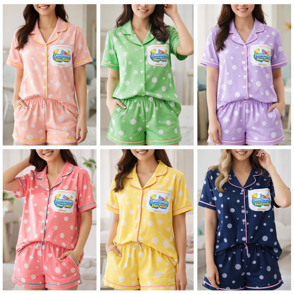 Colorful pajama fashion showcase with Jamma Damma Ding Dong Logo